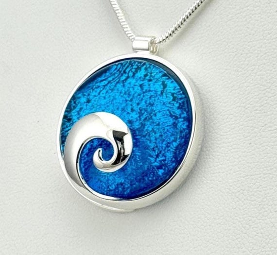 Dichroic Fused Glass Silver Wave Pendant w/ Silver Chain