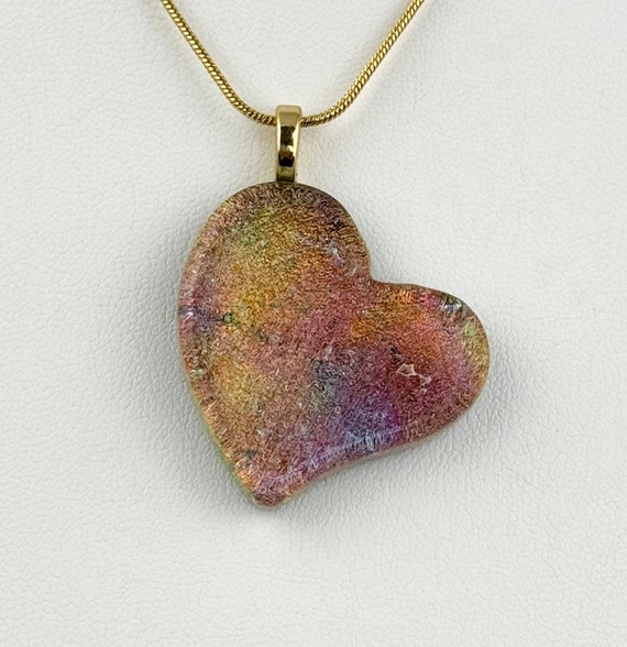 Dichroic Fused Glass Heart Pendant with Gold Chain