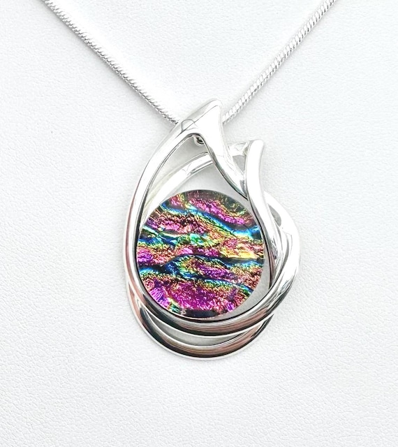 Dichroic Fused Glass Silver Pendant Necklace w/ Silver Chain