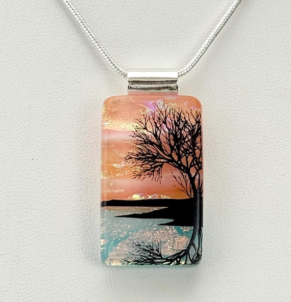 Fused Glass Reflection Tree Sunset Landscape Pendant Necklace
