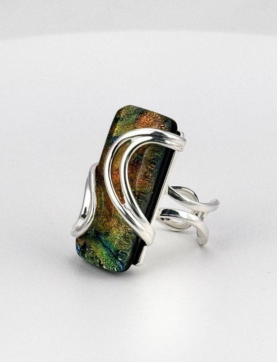 Dichroic Fused Glass Adjustable Silver Statement Ring