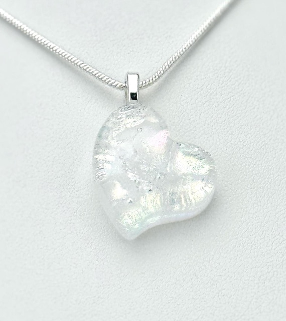 Fused Dichroic Glass Heart Pendant w/ Silver Chain