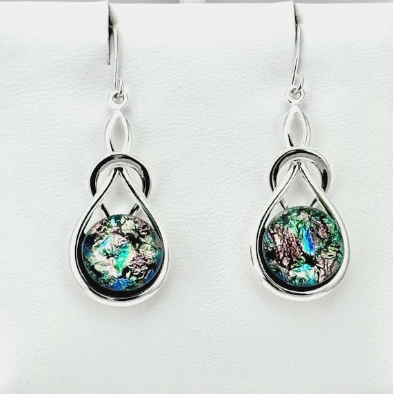 Dichroic Fused Glass Silver Knot Hanging Earrings