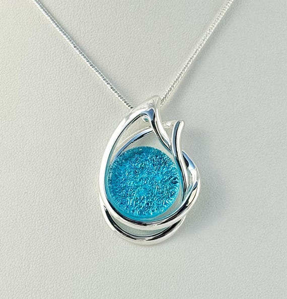 Dichroic Fused Glass Silver Pendant w/ Silver Chain