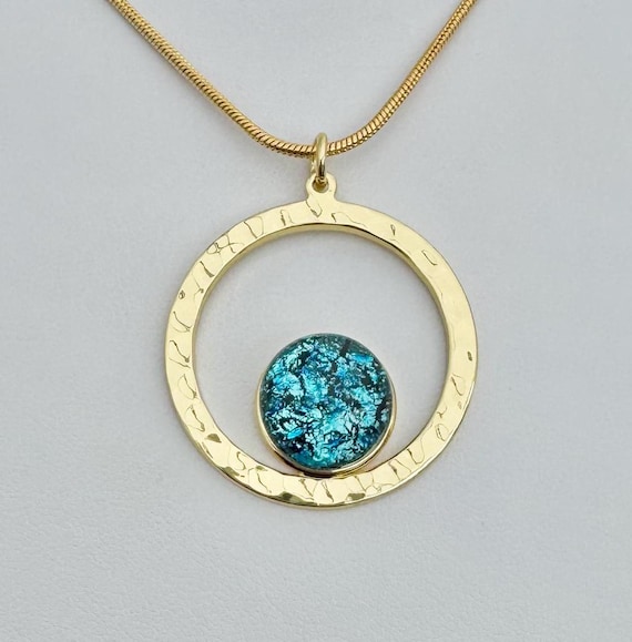Dichroic Glass Hammered Gold Circle Pendant Necklace with Gold Chain