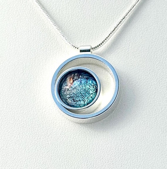 Dichroic Fused Glass Silver Pendant w/ Silver Chain