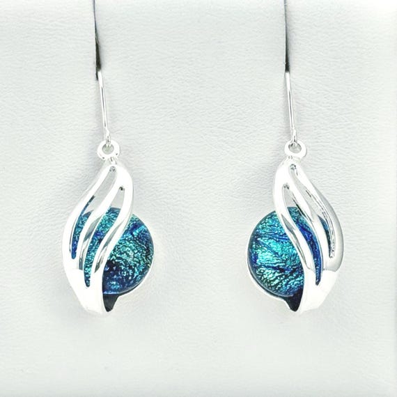 Dichroic Fused Glass Silver Hanging Earrings