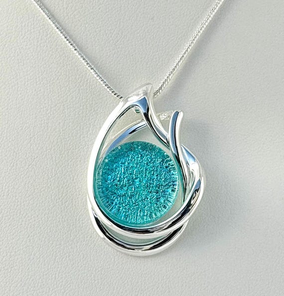 Dichroic Fused Glass Silver Pendant w/ Silver Chain