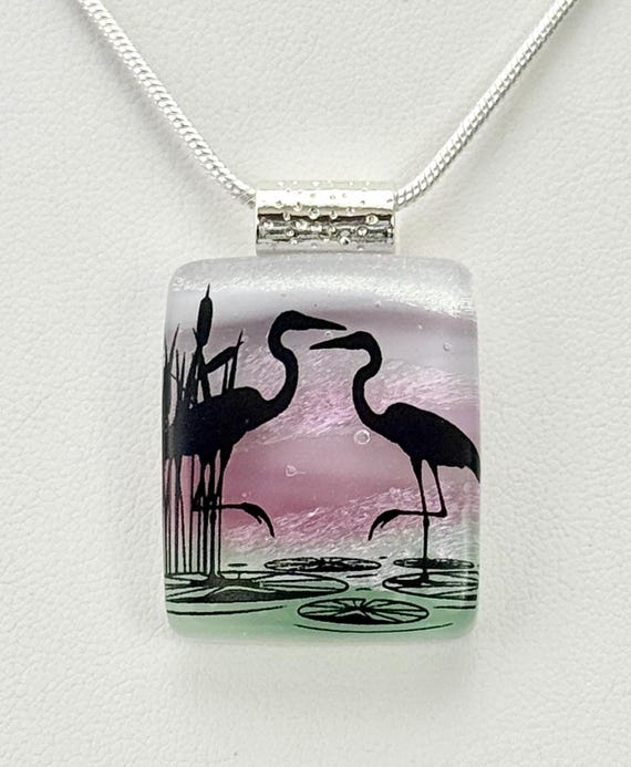 Fused Glass Landscape Bird Pendant Necklace