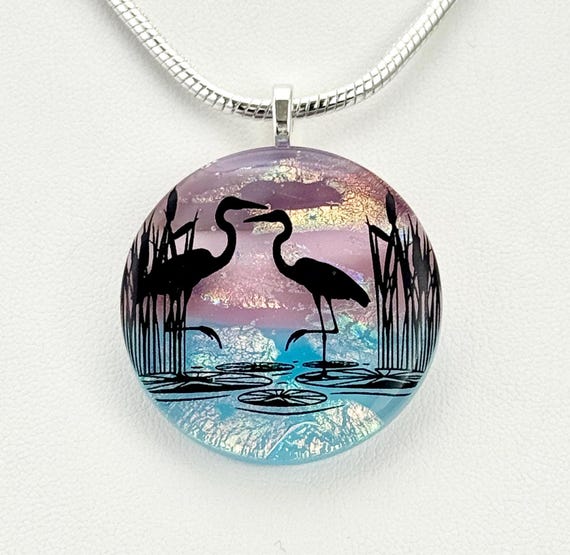 Fused Glass Landscape Birds Pendant Necklace