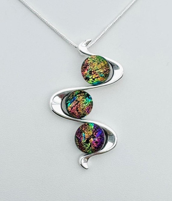Dichroic Fused Glass Silver Pendant w/ Chain