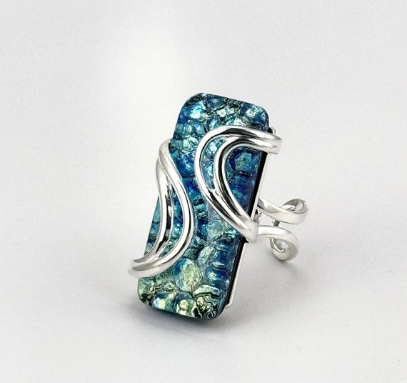 Dichroic Fused Glass Adjustable Silver Statement Ring