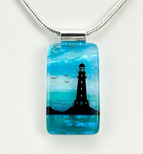 Fused Glass Lighthouse Landscape Ocean Pendant