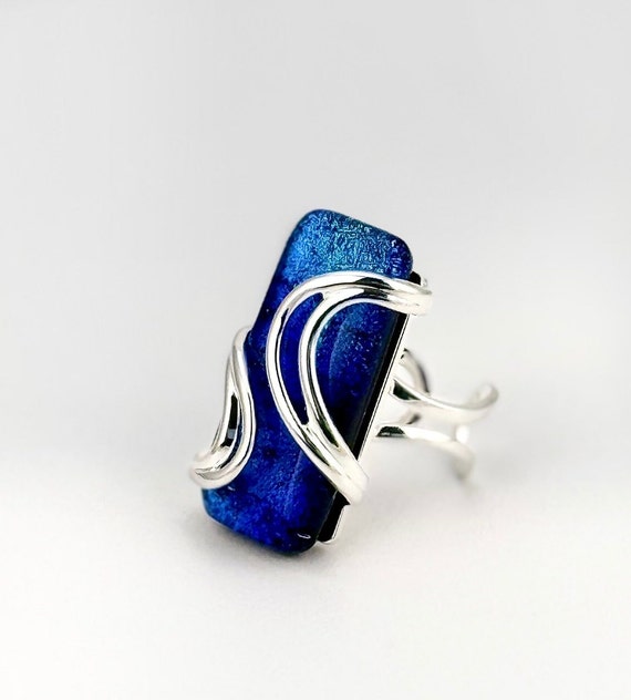 Dichroic Fused Glass Adjustable Silver Statement Ring