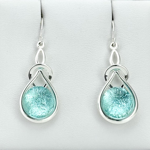 Dichroic Fused Glass Silver Knot Hanging Earrings