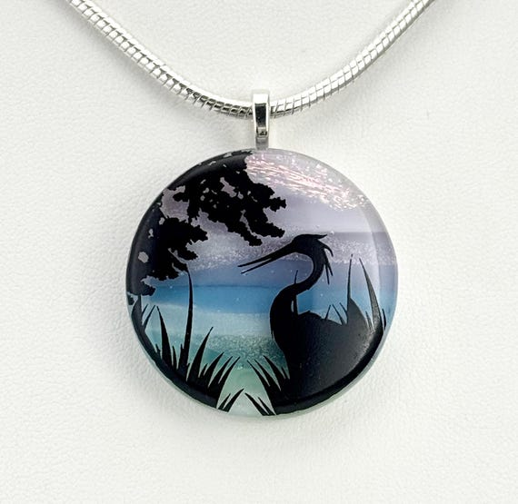 Fused Glass Landscape Bird Pendant Necklace