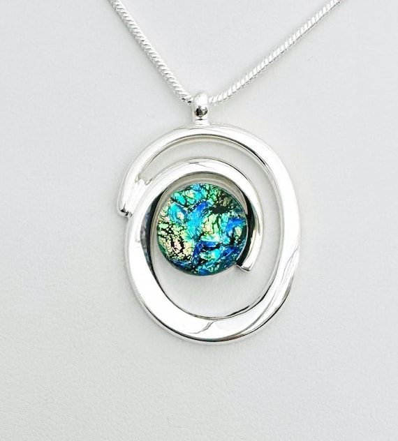 Dichroic Fused Glass Silver Pendant Necklace w/ Silver Chain