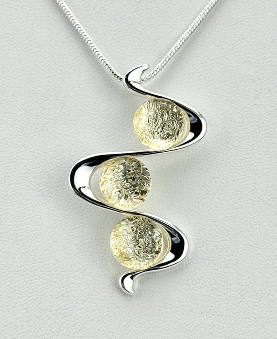 Dichroic Glass Wavy Silver Pendant w/ Silver Snake Chain