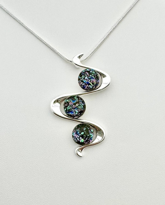 Dichroic Fused Glass Silver Pendant w/ Chain