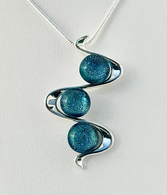 Dichroic Fused Glass Silver Pendant w/ Chain
