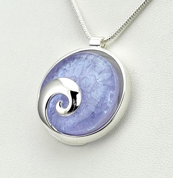 Dichroic Fused Glass Silver Wave Pendant w/ Silver Chain