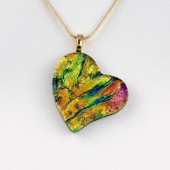Dichroic Fused Glass Heart Pendant with Gold Chain