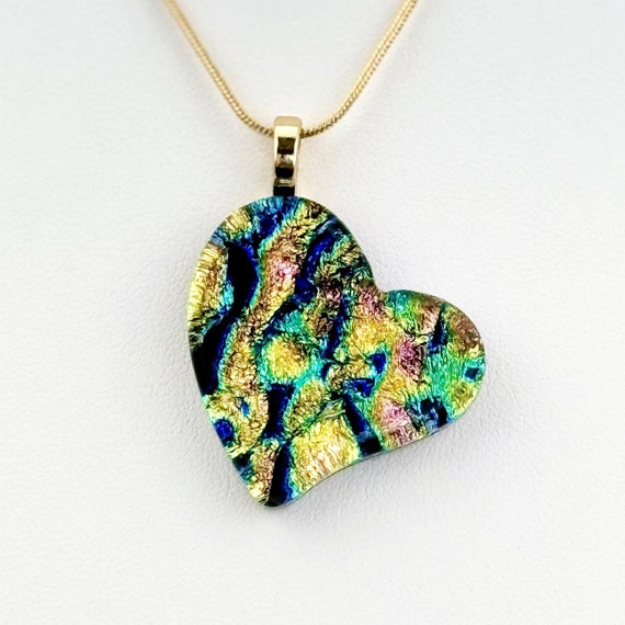 Dichroic Fused Glass Heart Pendant with Gold Chain