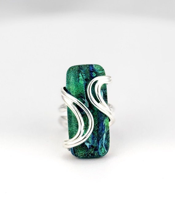 Dichroic Fused Glass Adjustable Silver Statement Ring