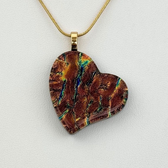 Dichroic Fused Glass Heart Pendant with Gold Chain