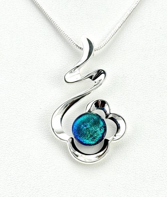 Dichroic Fused Glass Silver Pendant w/ 2mm Silver Snake Chain