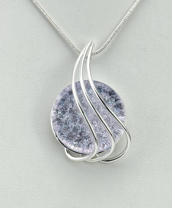 Dichroic Fused Glass Silver Wave Pendant w/ Silver Chain