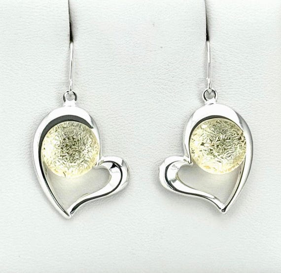 Dichroic Glass Offset Yellow Silver Heart Earrings