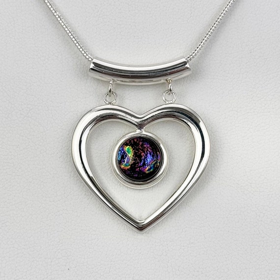 Dichroic Glass Silver Heart Pendant w/ Chain