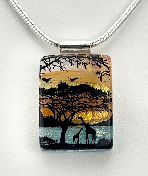 Fused Glass Landscape African Sunset Giraffe Pendant Necklace