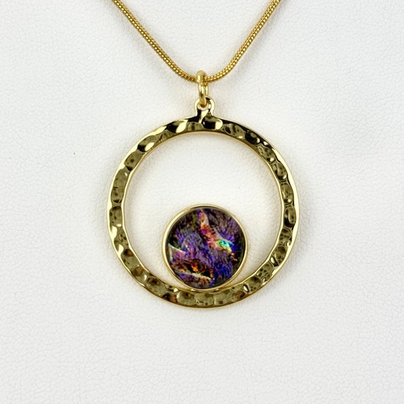 Dichroic Glass Hammered Gold Circle Pendant