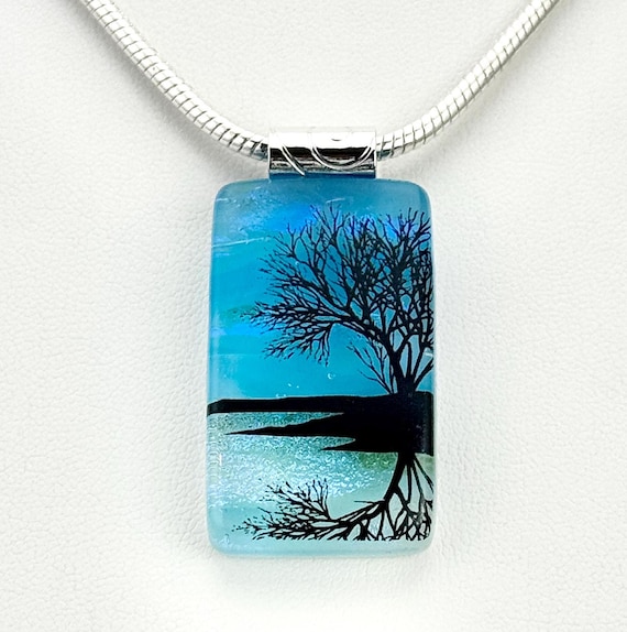 Fused Glass Reflection Tree Landscape Pendant Necklace