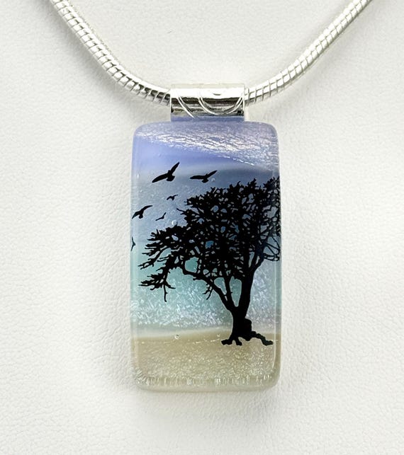 Fused Glass Landscape Tree Pendant Necklace