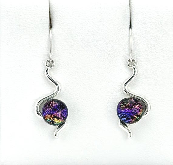 Dichroic Fused Glass Silver Hanging Earrings