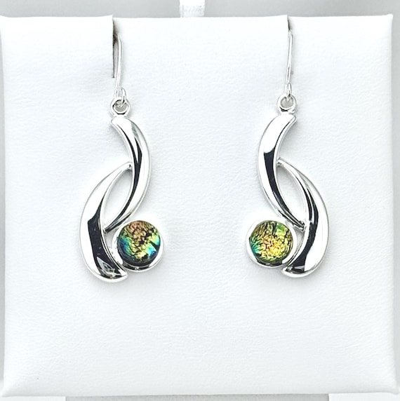 Dichroic Glass Hanging Earrings with Silver Settings