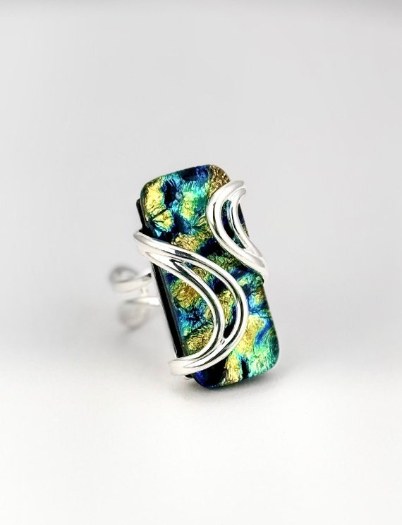 Dichroic Fused Glass Adjustable Silver Statement Ring