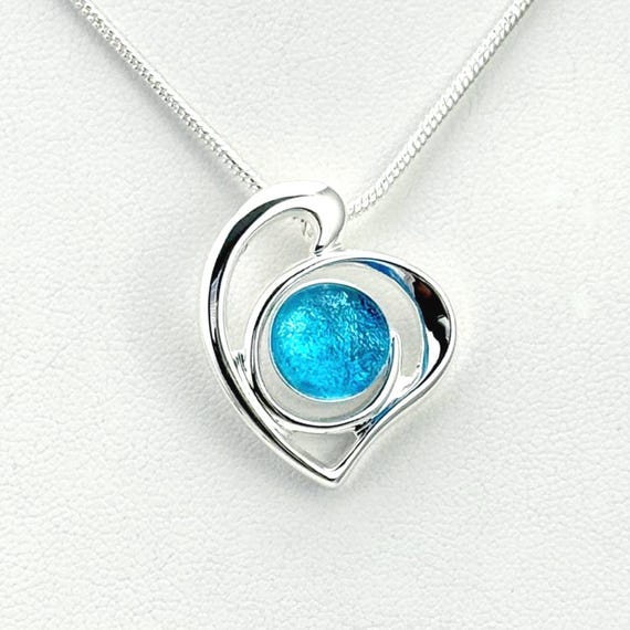 Dichroic Fused Glass Silver Heart Pendant w/ Silver Chain