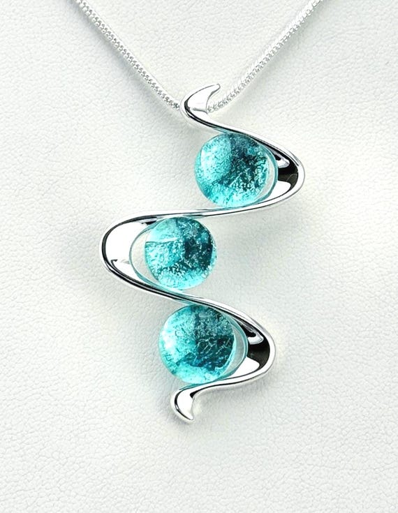 Dichroic Glass Wavy Silver Pendant w/ Silver Snake Chain