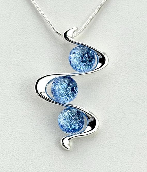 Dichroic Glass Wavy Silver Pendant w/ Silver Snake Chain