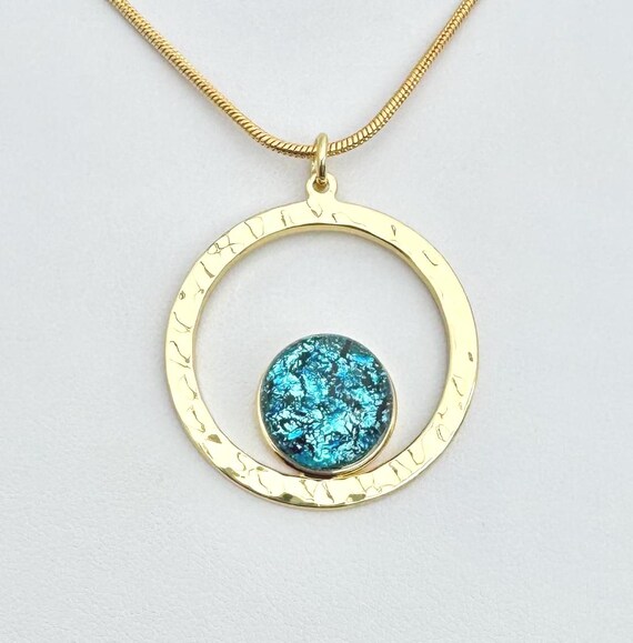 Dichroic Glass Hammered Gold Circle Pendant Necklace with Gold Chain