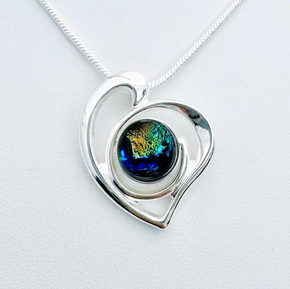 Dichroic Fused Glass Silver Heart Pendant w/ Silver Chain