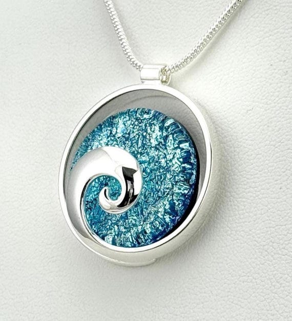 Dichroic Fused Glass Silver Wave Pendant w/ Silver Chain