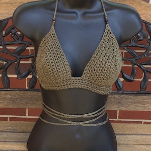 Olive Cotton Crochet  Festival Top with Tiger Eye Beads