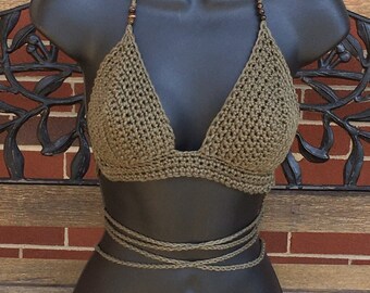 Olive Cotton Crochet  Festival Top with Tiger Eye Beads