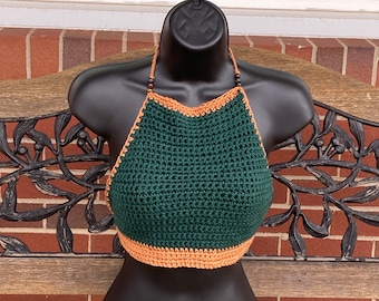 Camel and Evergreen Hippie Halter Top With Tiger Eye Beads