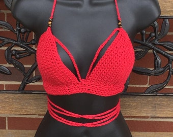 Red Cotton Crochet  Festival Top with Tiger Eye Beads